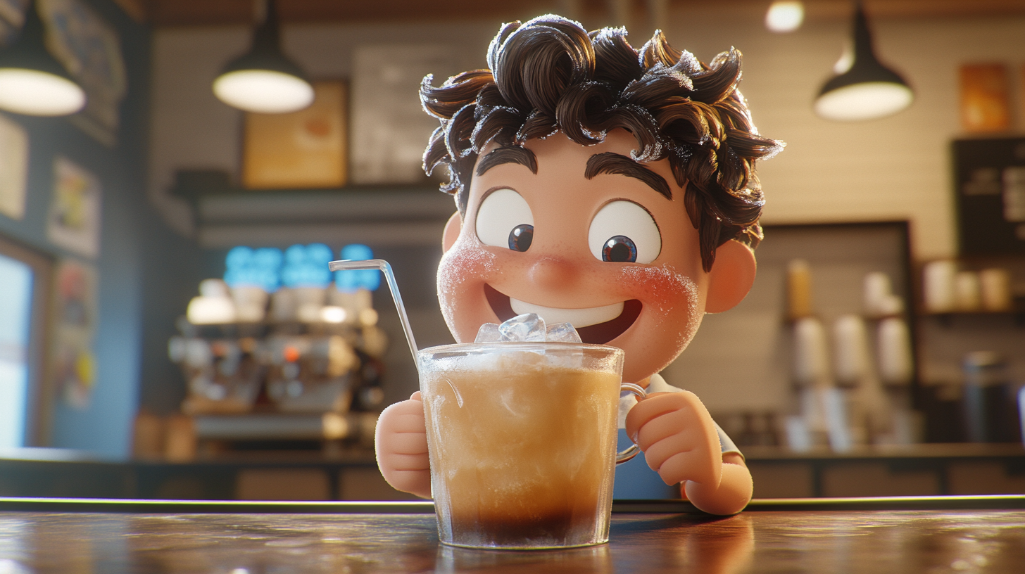 Happy Character Enjoying Iced Americano Drink