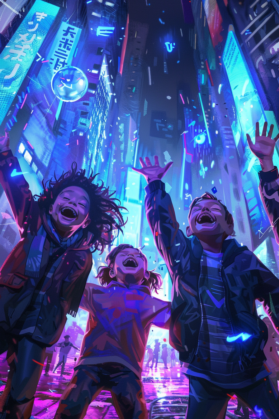 Happy Children Dancing in Cyberpunk City Background Sketch