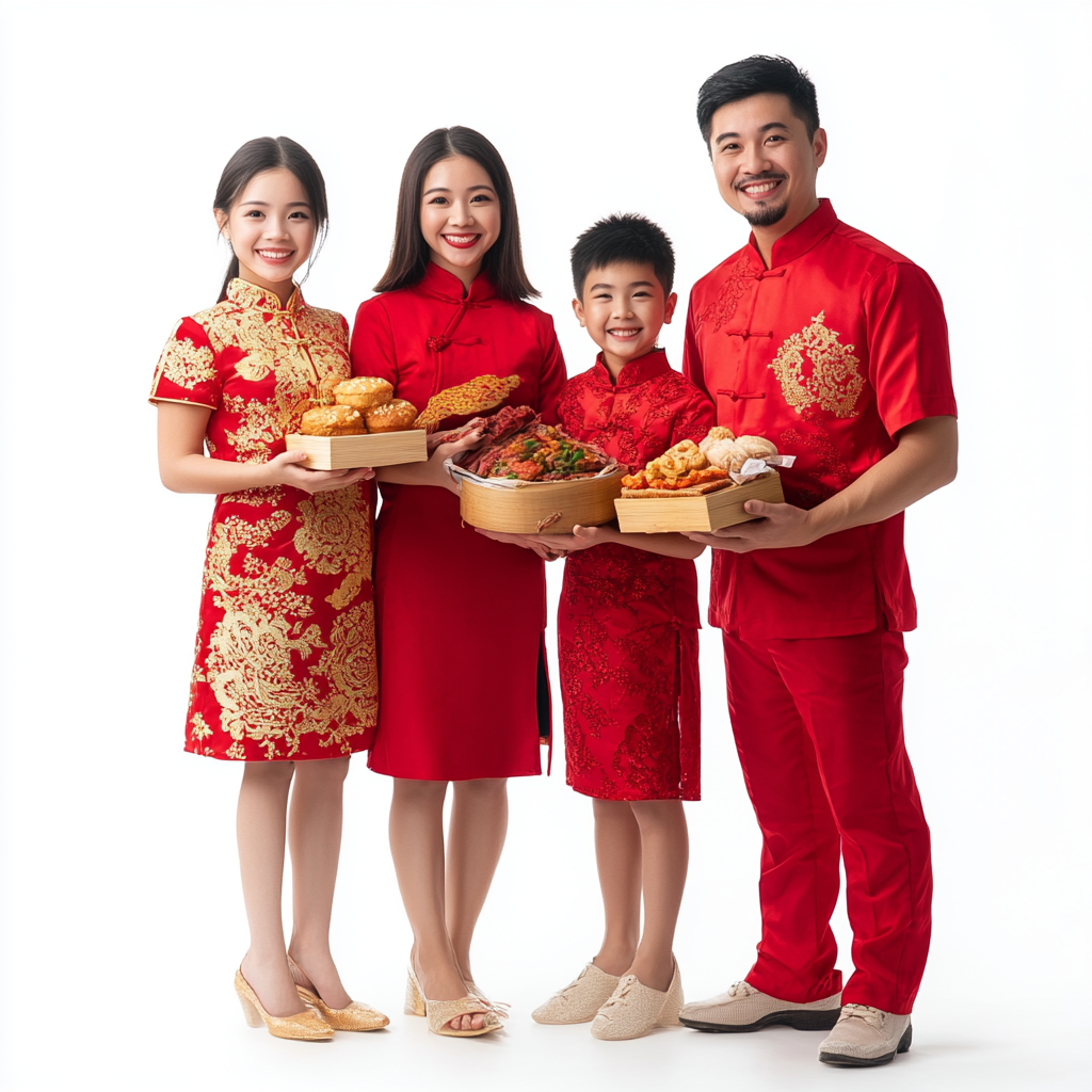 Happy Chinese Filipino family celebrating Chinese New Year with food.