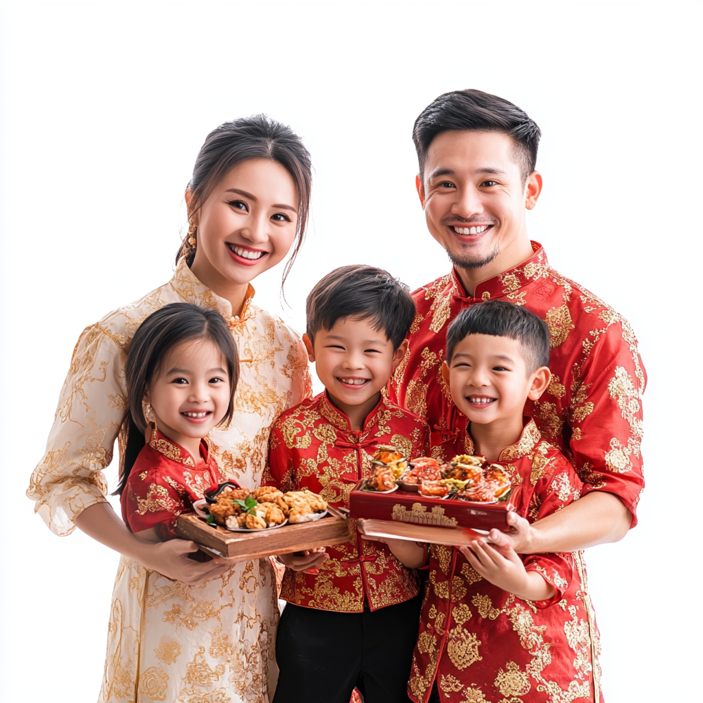 Happy Chinese Filipino family celebrating New Year with food.