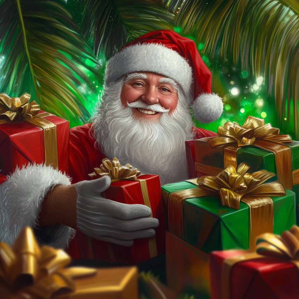 Happy Christmas Santa Claus Portrait with Gifts and Gold Tropical Tree Background