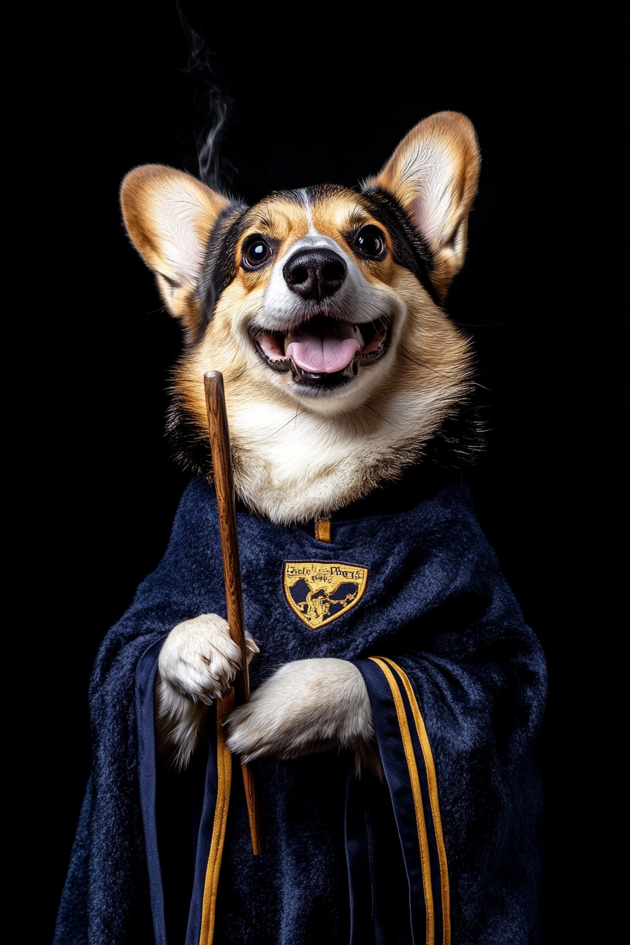 Happy Corgi in Ravenclaw Costume Casting Spell