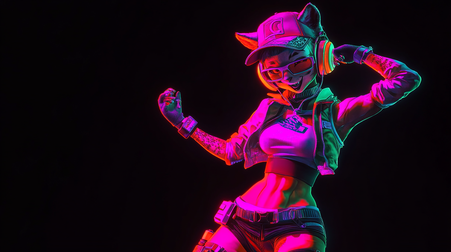 Happy Dancing Teenage Tiger in Cyberpunk Neon Colors