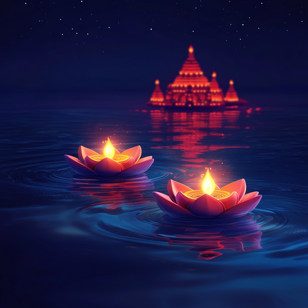 Happy Diwali Banner with Glowing Lotus Diyas