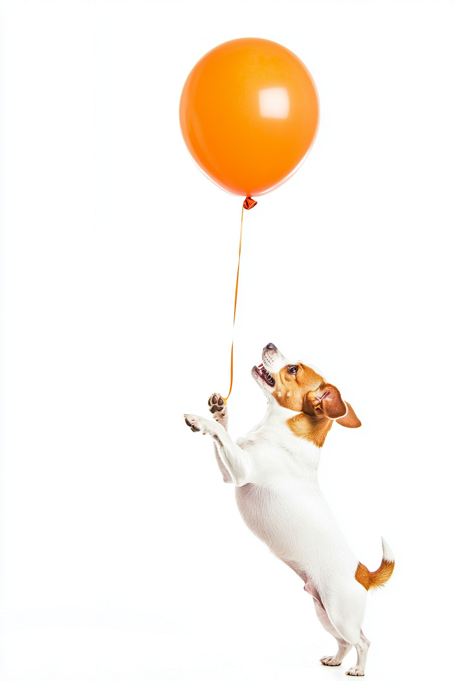 Happy Dog Floats Orange Balloon Upward