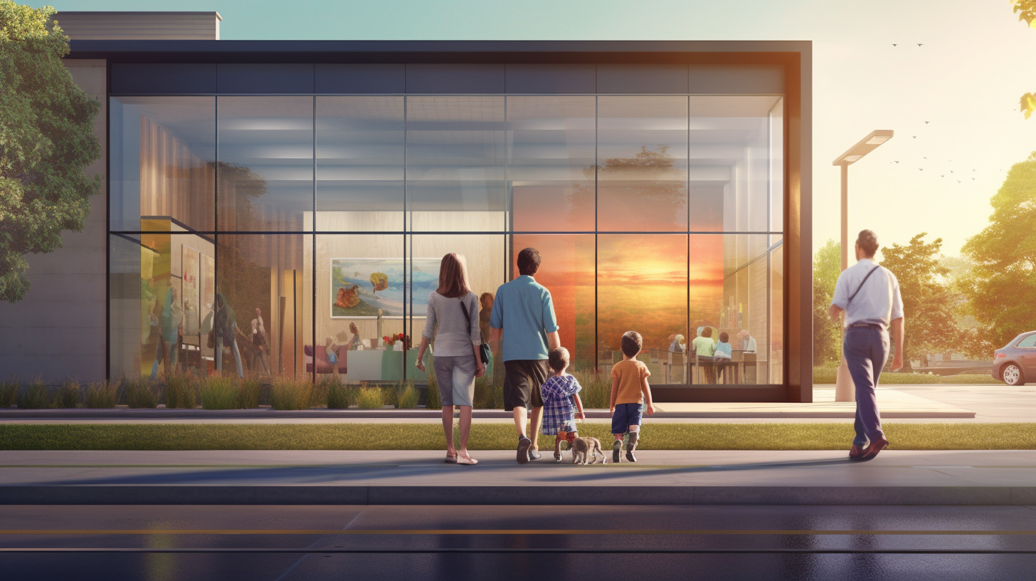 Happy Family Admiring Green, Modern Commercial Building