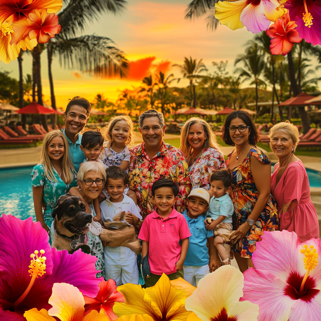 Happy Family Vacation in Hawaii at Sunset