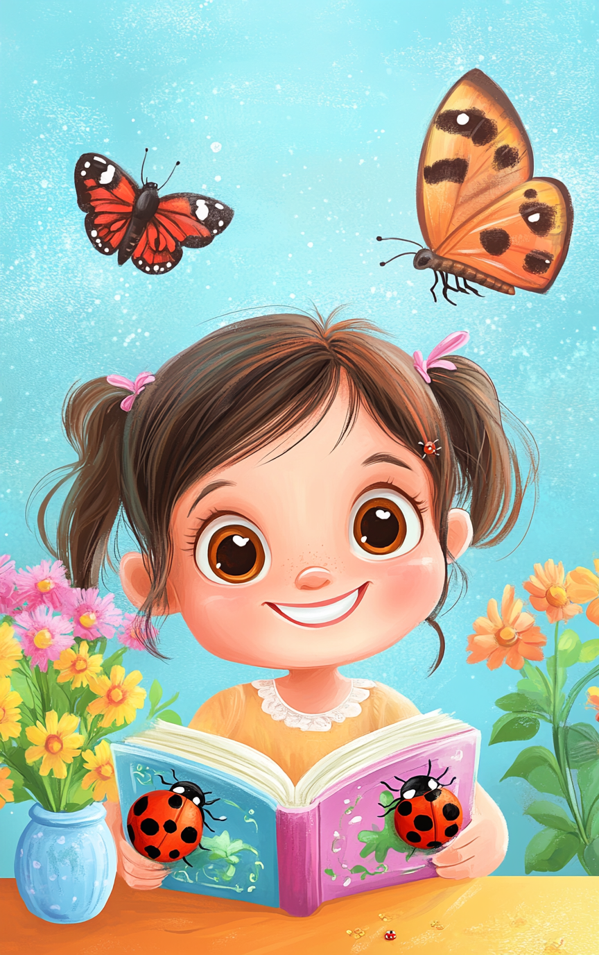 Happy Girl Reading with Ladybugs and Butterfly