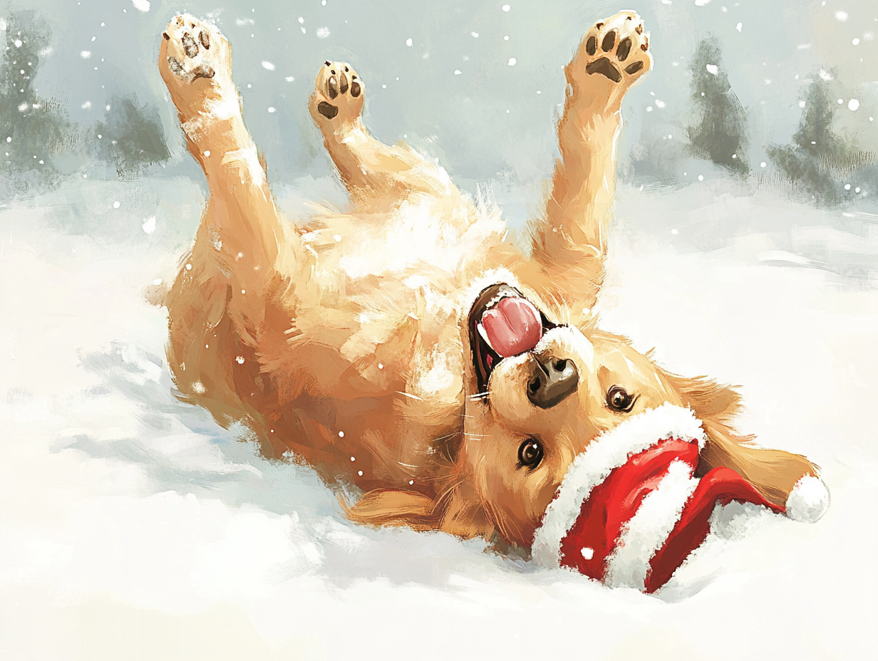 Happy Golden Retriever dog wearing Santa hat playing in snow.