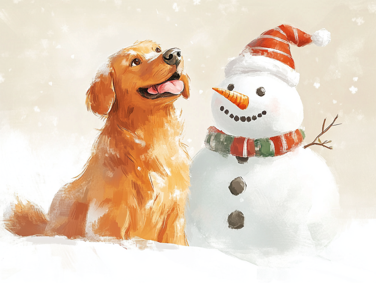 Happy Golden Retriever with Snowman in Christmas illustration