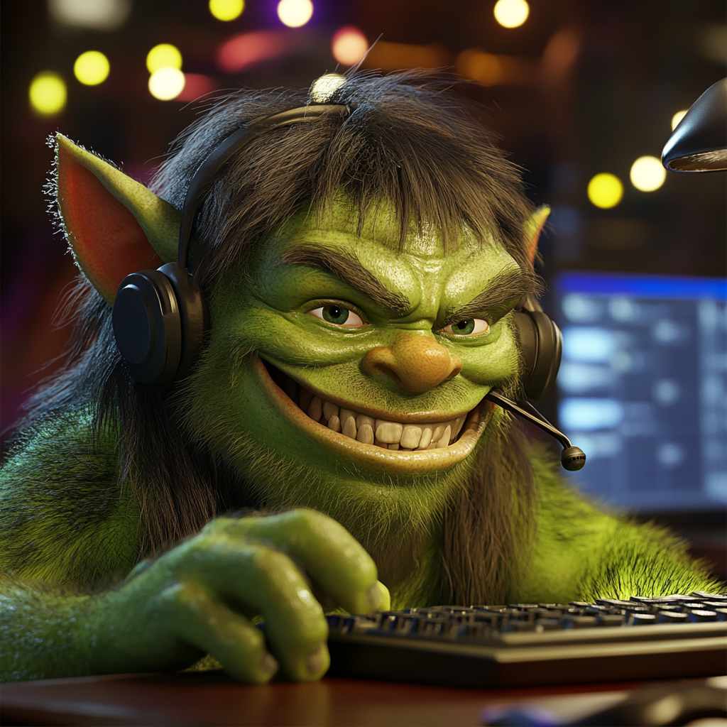 Happy Green Orc Call Center Worker, 3D Pixar Render