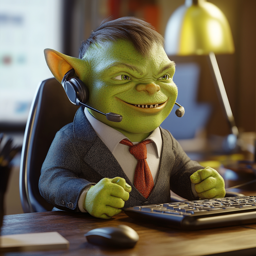 Happy Green Orc Child in Call Center - 3D Pixar Render