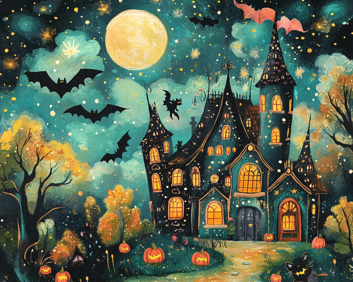 Happy Halloween: witches, cats, bats, haunted mansion, magic.