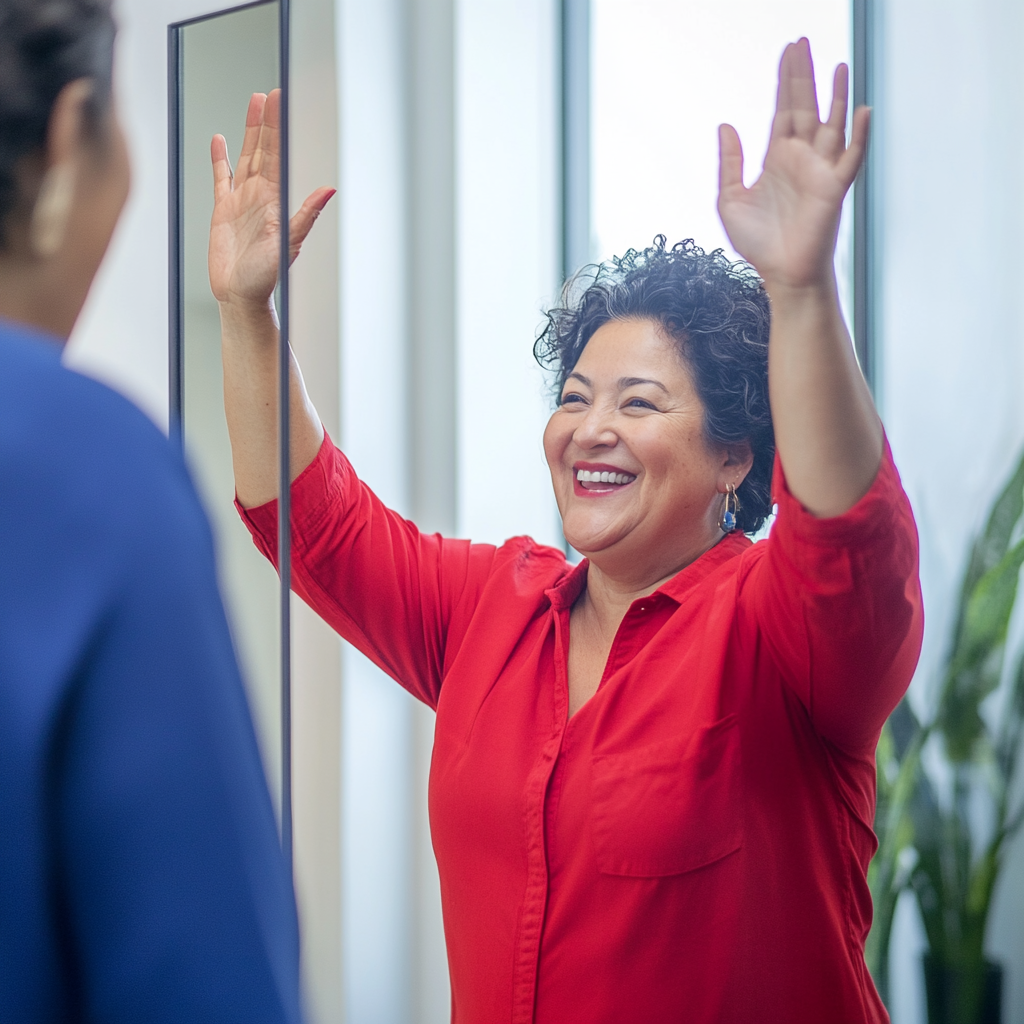 Happy Hispanic woman playfully celebrating in mirror reflection.