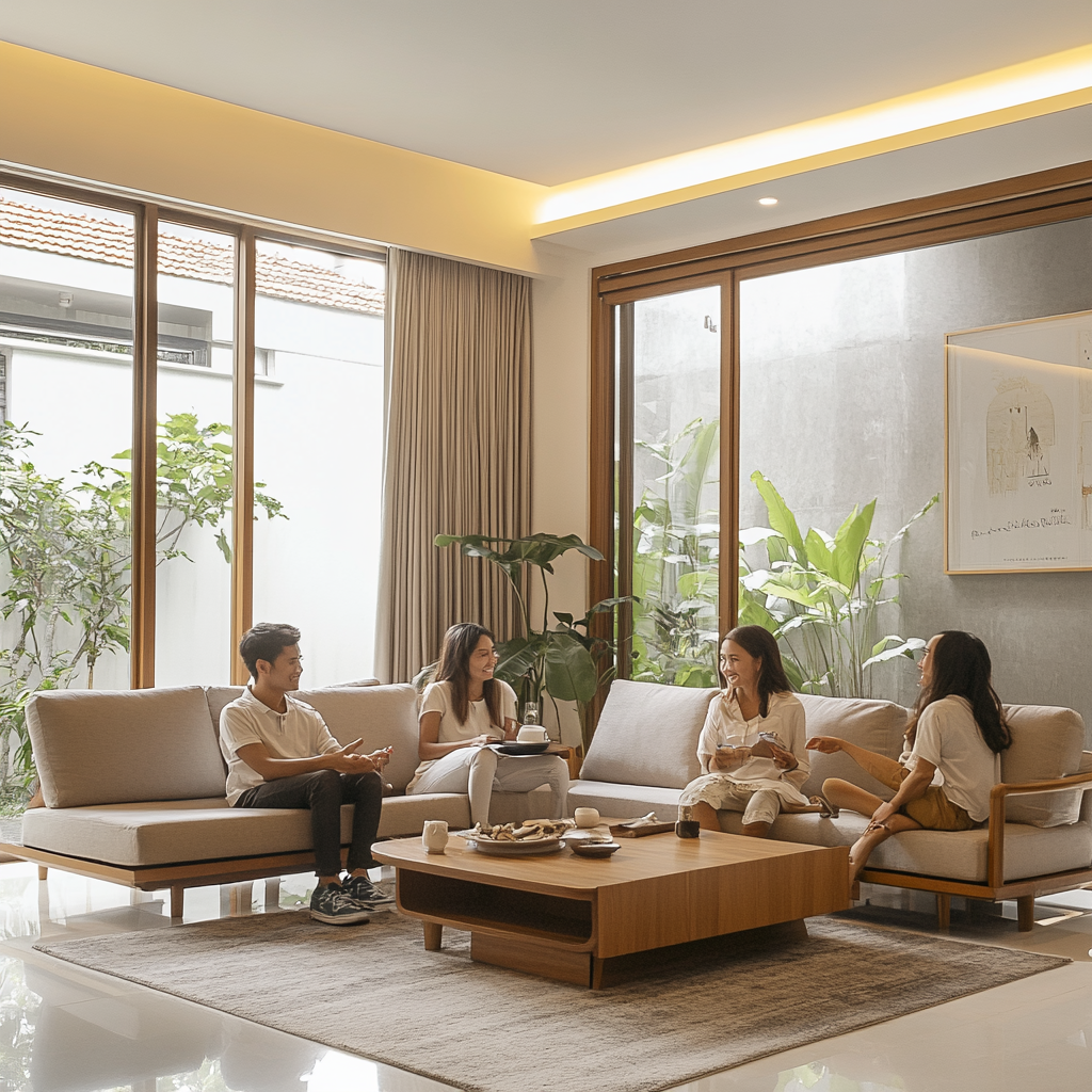 Happy Indonesian family talking in modern living room.