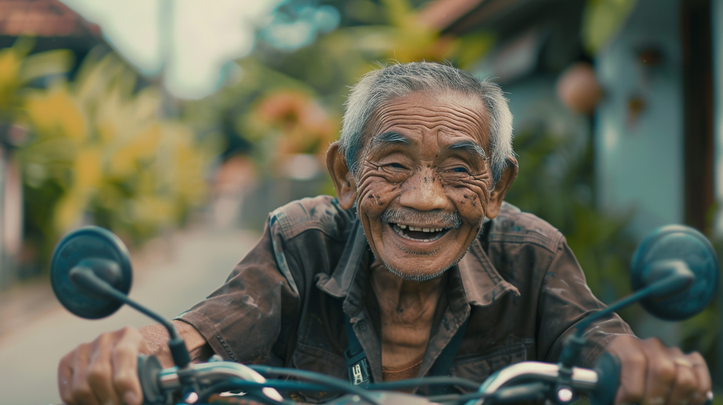 Happy Indonesian man rides Yamaha RX King in garden