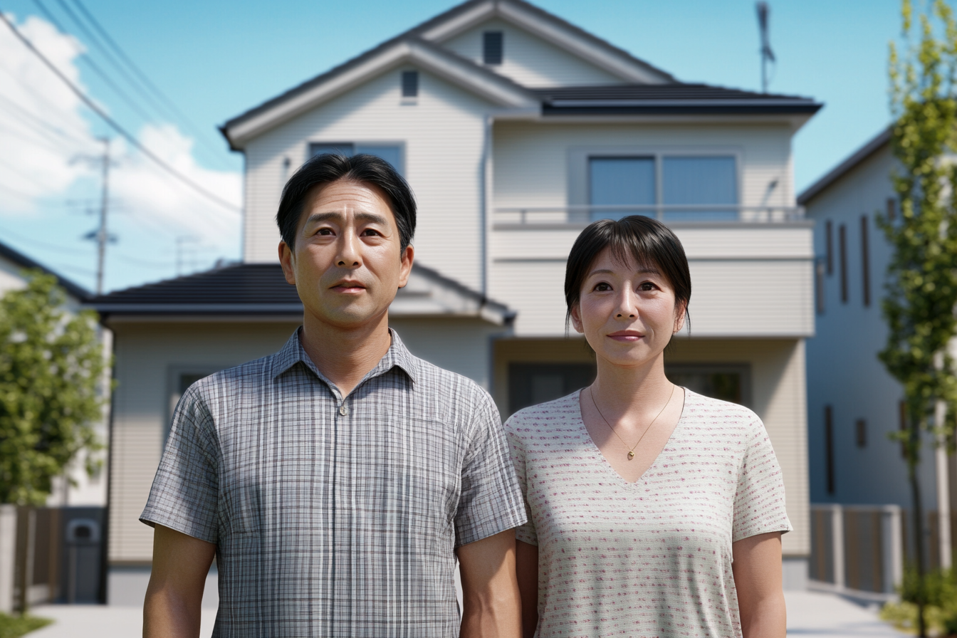 Happy Japanese couple in front of new home