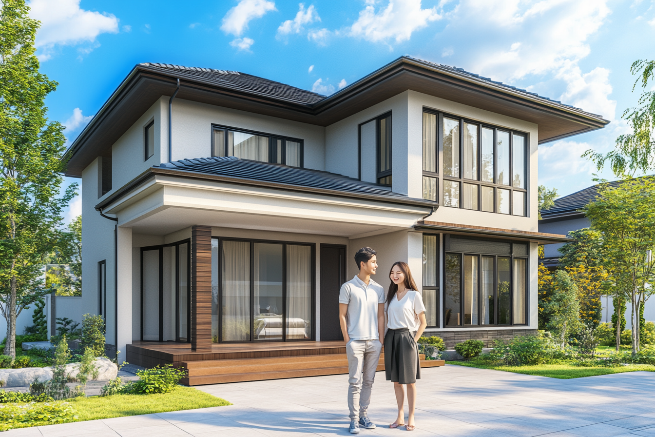 Happy Japanese couple in front of their new house