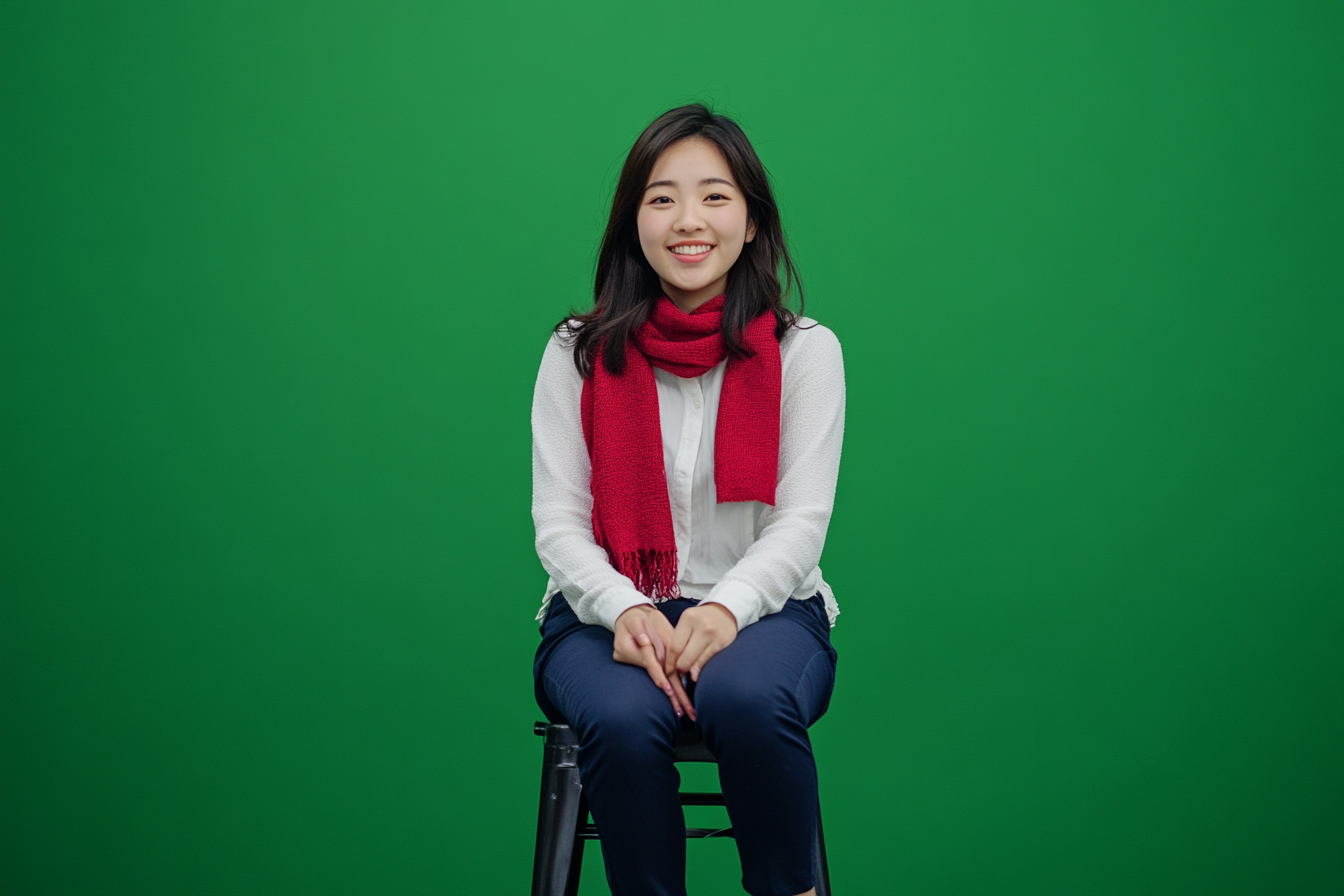 Happy Japanese woman sits confidently on stool, bright colors.