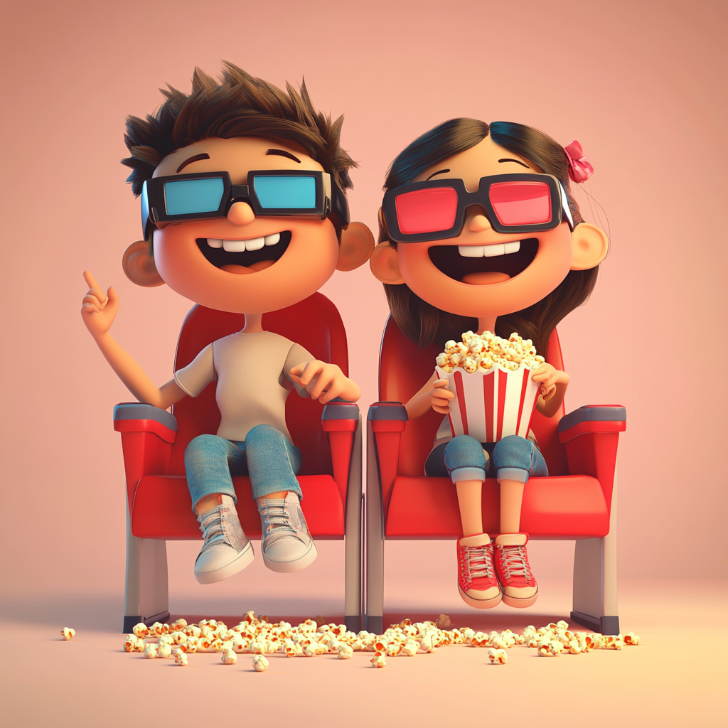 Happy Kids Eating Popcorn at Cinema