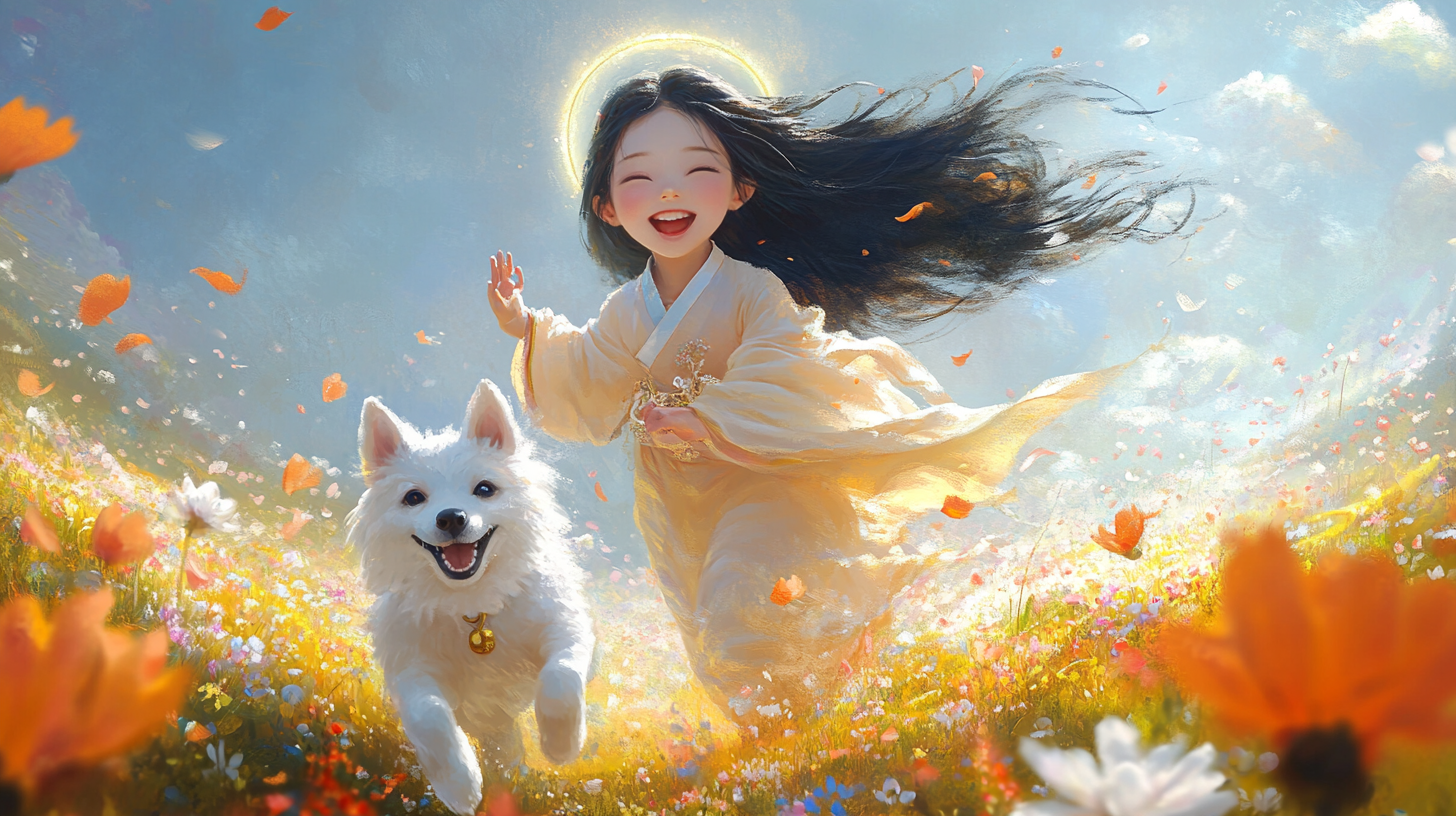 Happy Korean girl bodhisattva and Baekgu in field