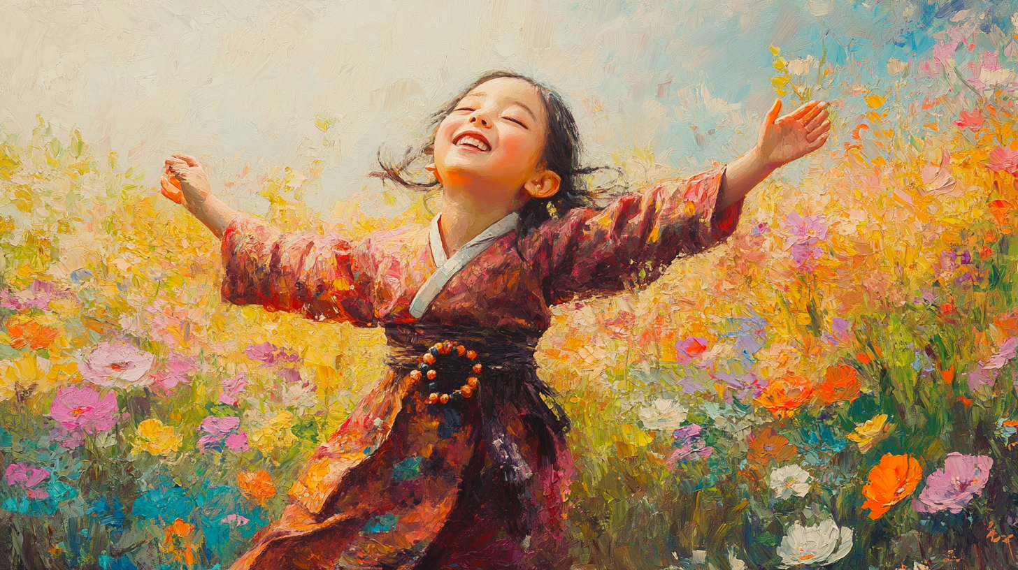 Happy Korean girl dancing in field of flowers peacefully.