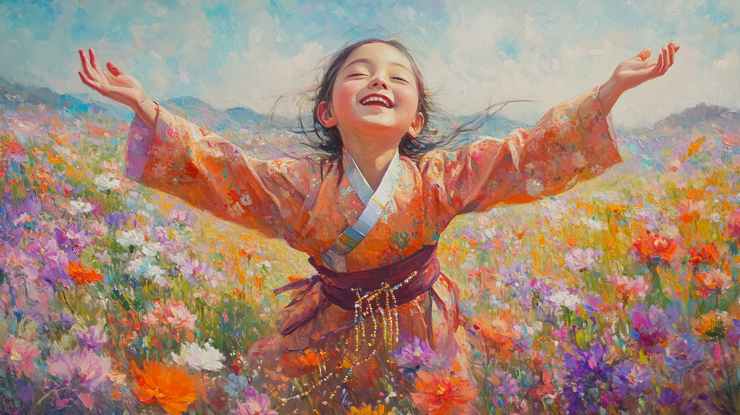 Happy Korean girl in monk attire dances in flowers.