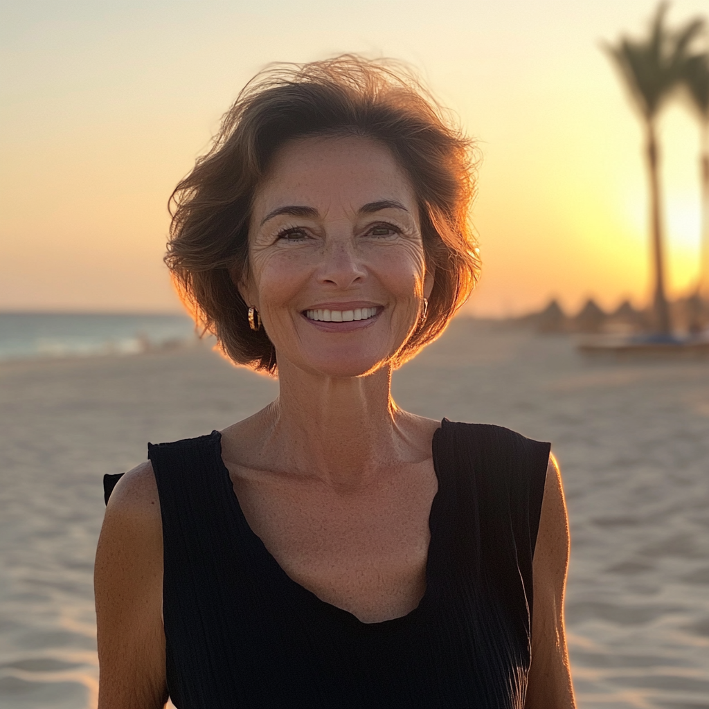 Happy Kuwaiti woman in her sixties smiling on beach.