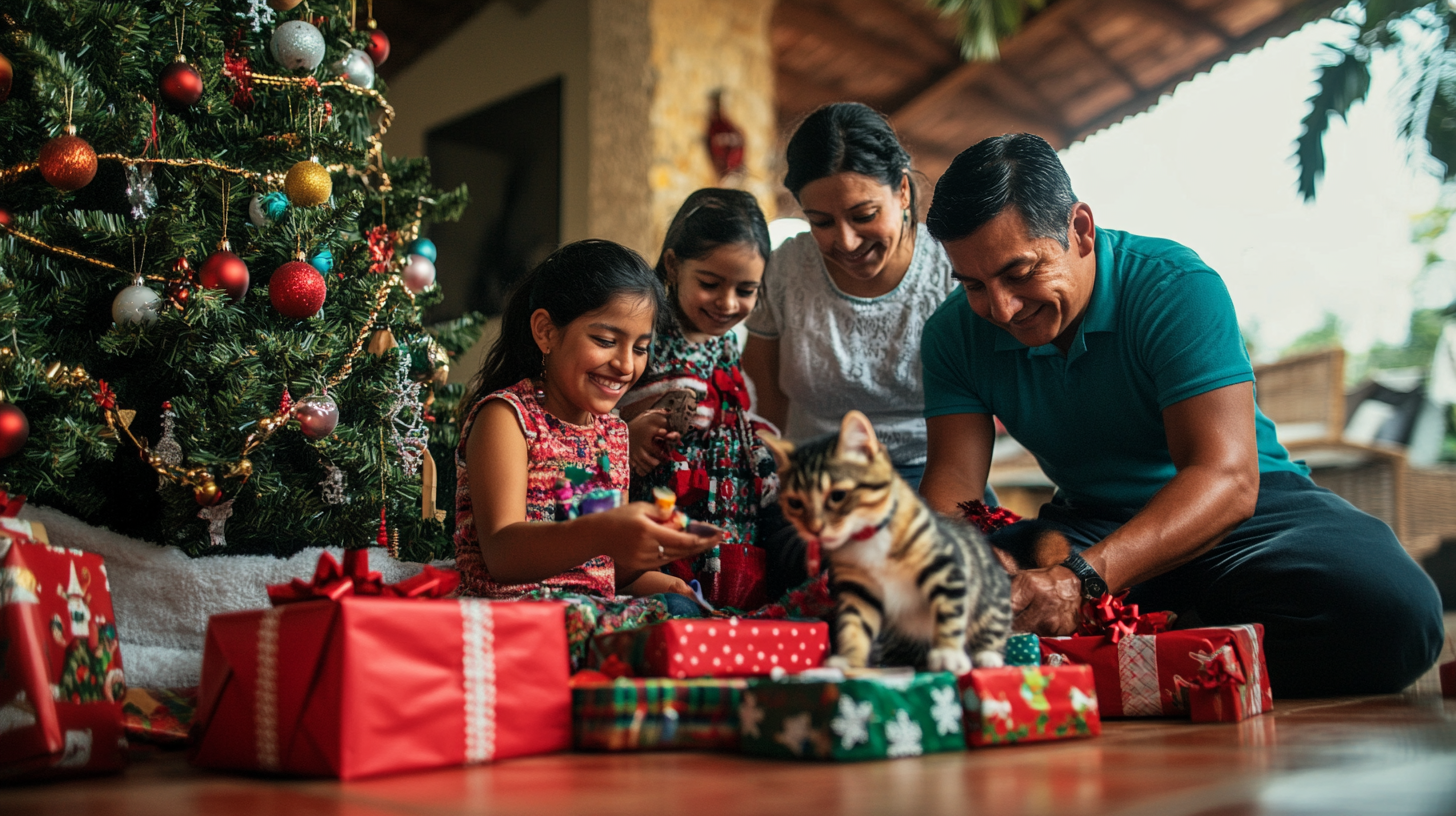 Happy Mexican Family Celebrating Christmas with Pets