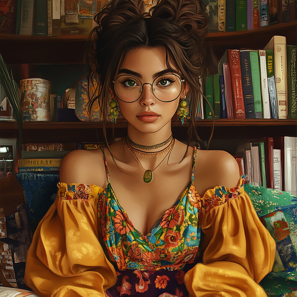 Happy Mexican woman with messy bun in colorful library.