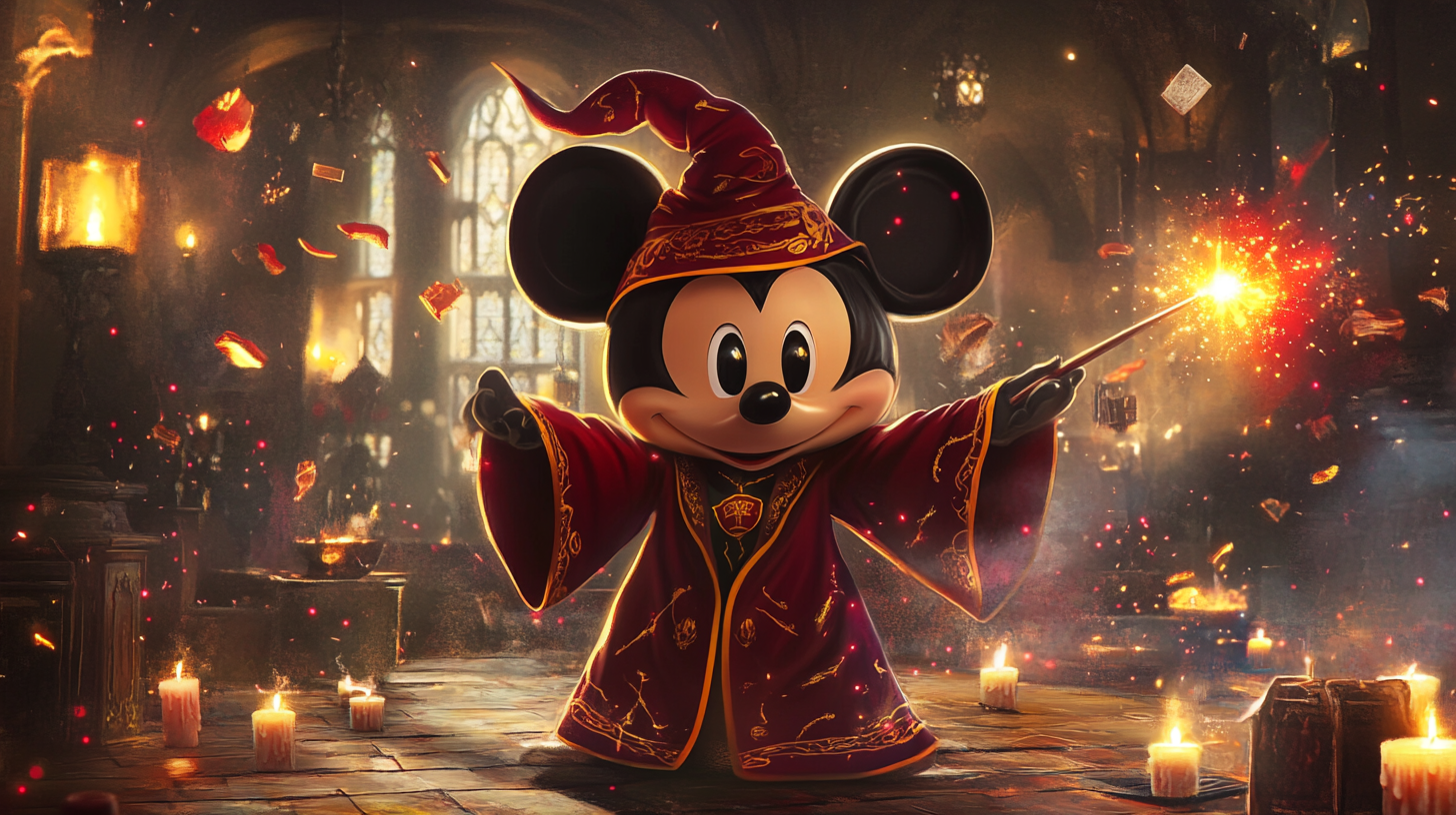 Happy Mickey Mouse in Gryffindor robes performing magic spells.