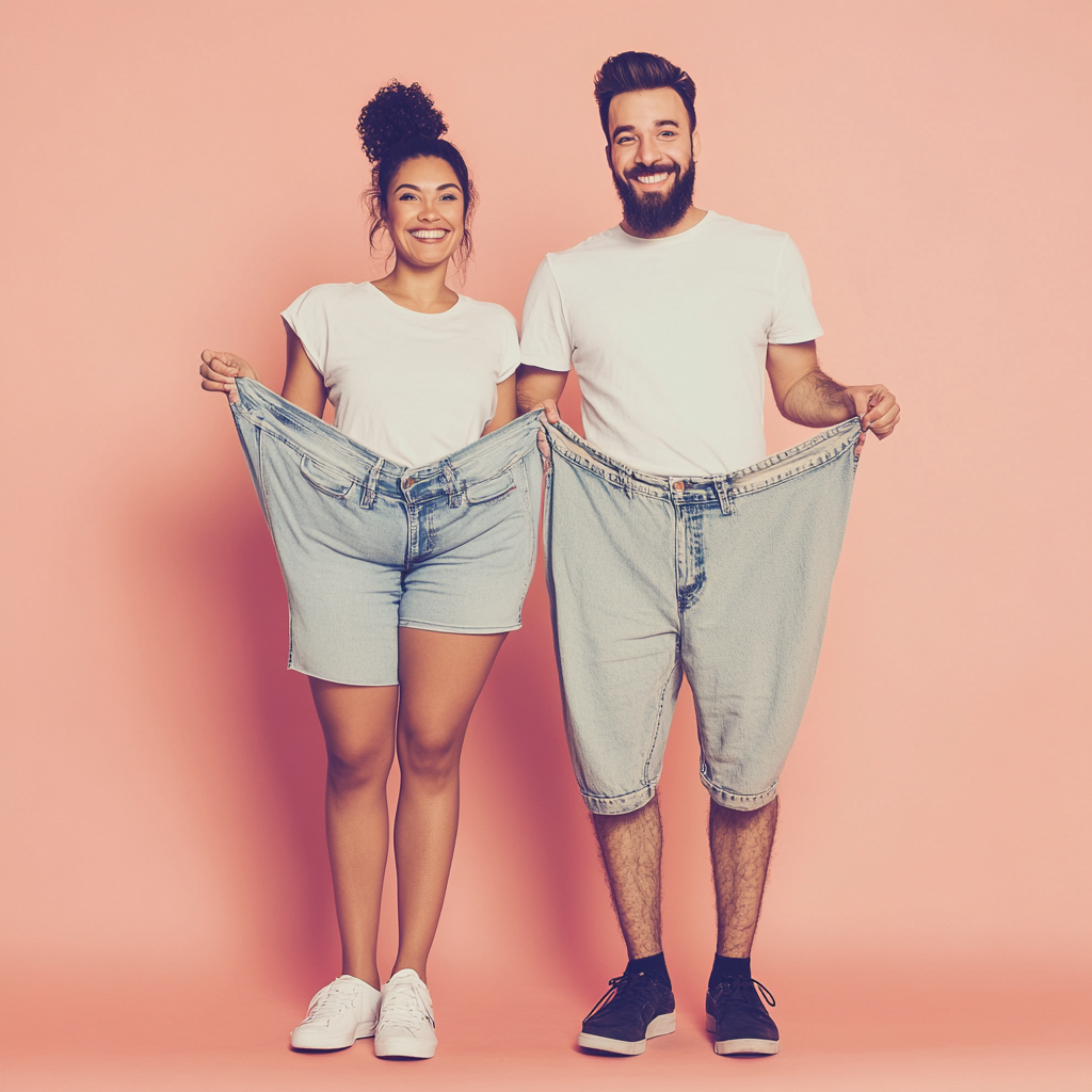 Happy Mixed-Race Couple Showing Weight Loss Success 