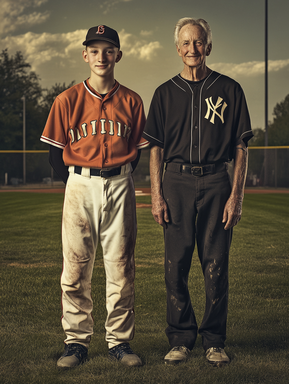 Happy Older and Younger Man at Baseball Field