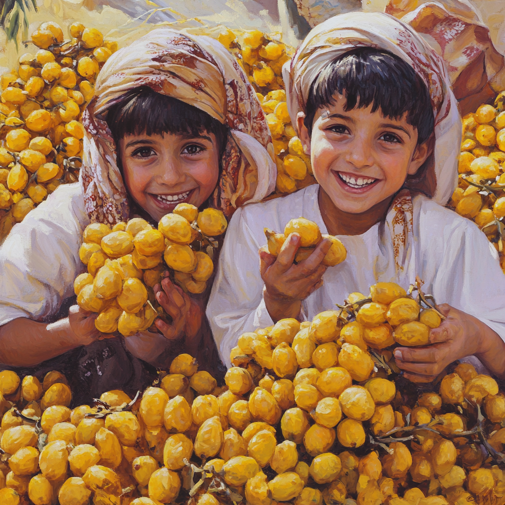 Happy Omani Kids Playing with Yellow Dates