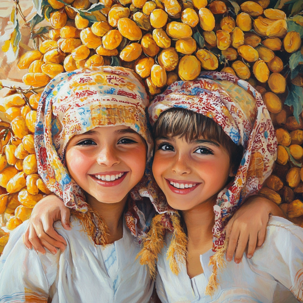 Happy Omani children play near yellow dates.