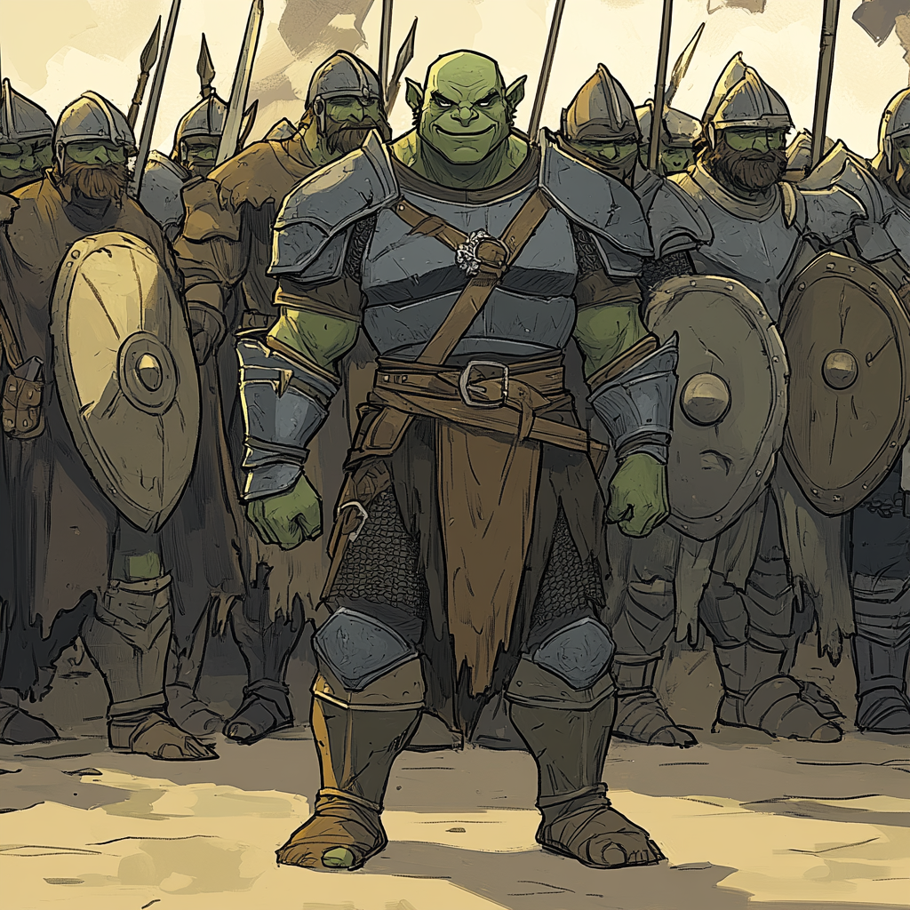 Happy Orc stands among armored warriors bravely.