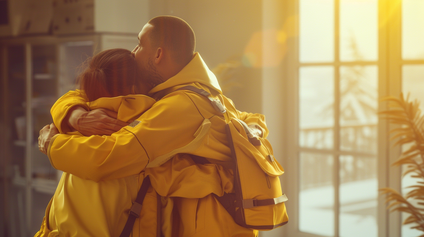 Happy Postal Workers Hugging in Office Setting