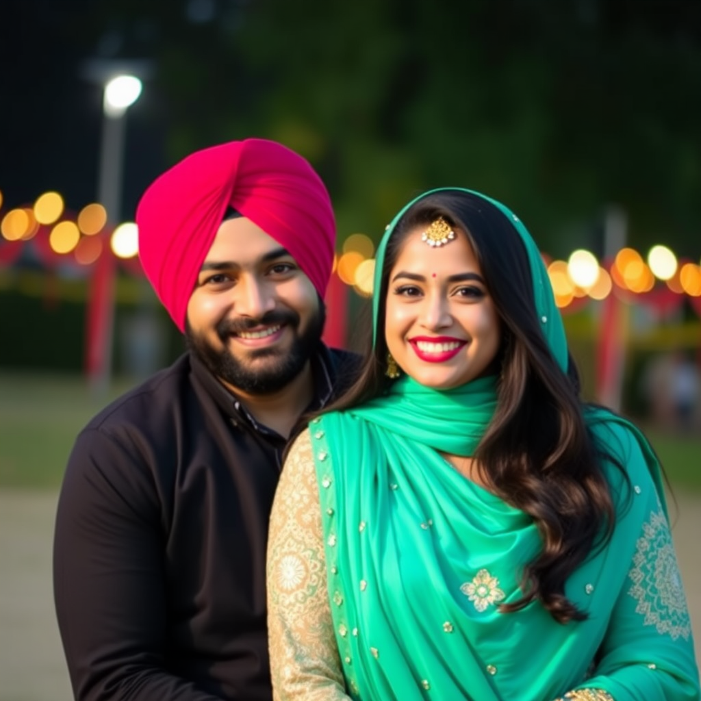 Happy Punjabi couple celebrating wedding in traditional attire