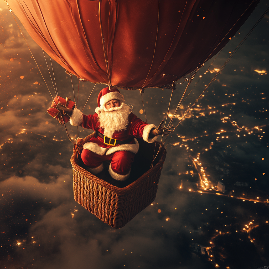 Happy Santa Claus in Surreal Hot Air Balloon