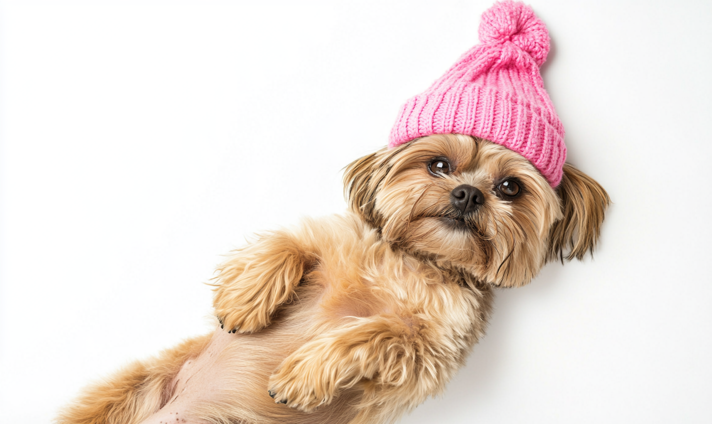 Happy Shih-tzu dog wearing pink beanie, lying down