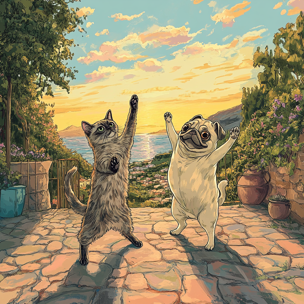 Happy Siamese cat and goofy Pug dancing in vineyard.