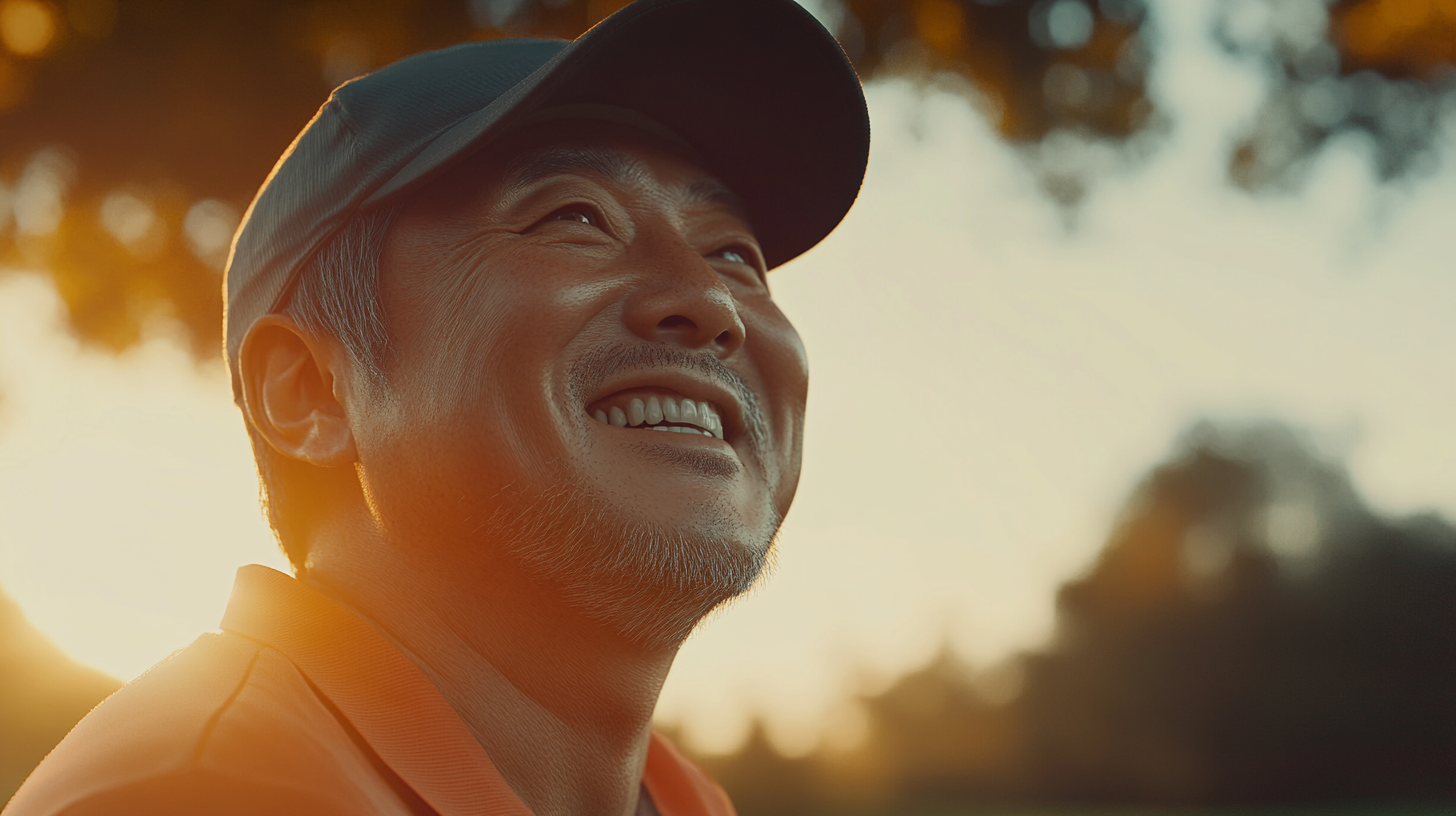 Happy South Korean man in golf attire smiling.