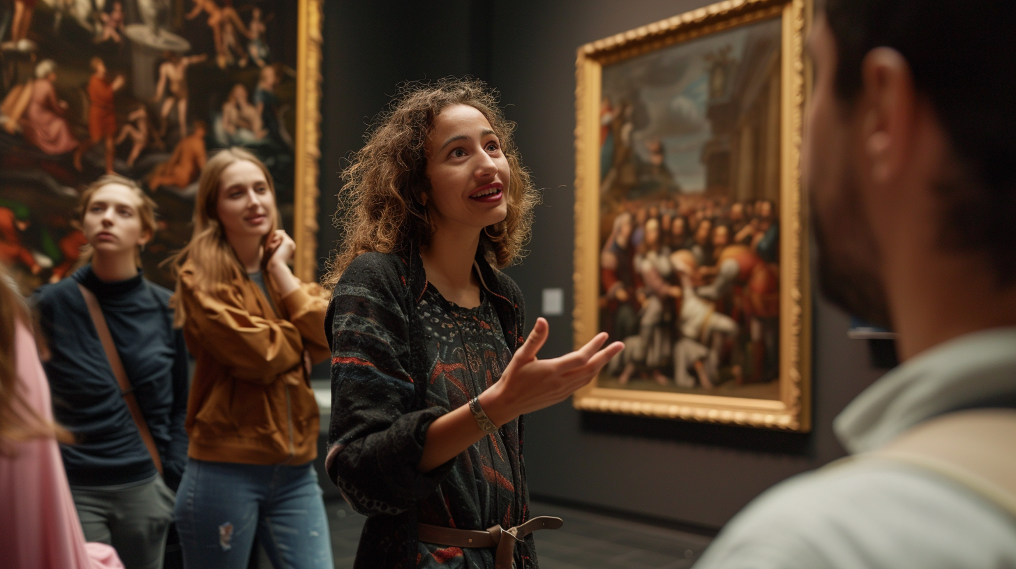 Happy Spanish museum guide explains painting to group