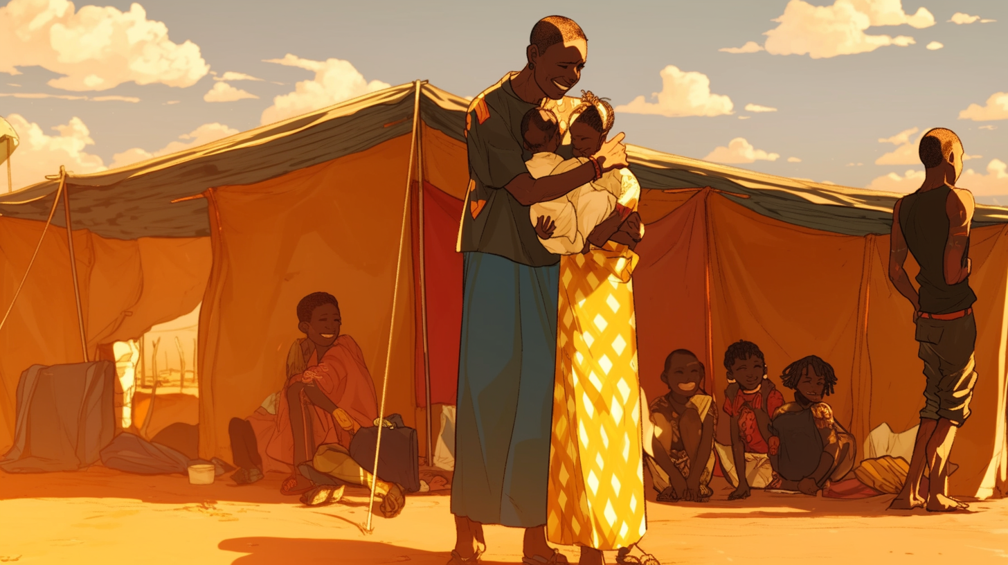 Happy Sudanese Family in Refugee Camp, Smiling, Anime Style