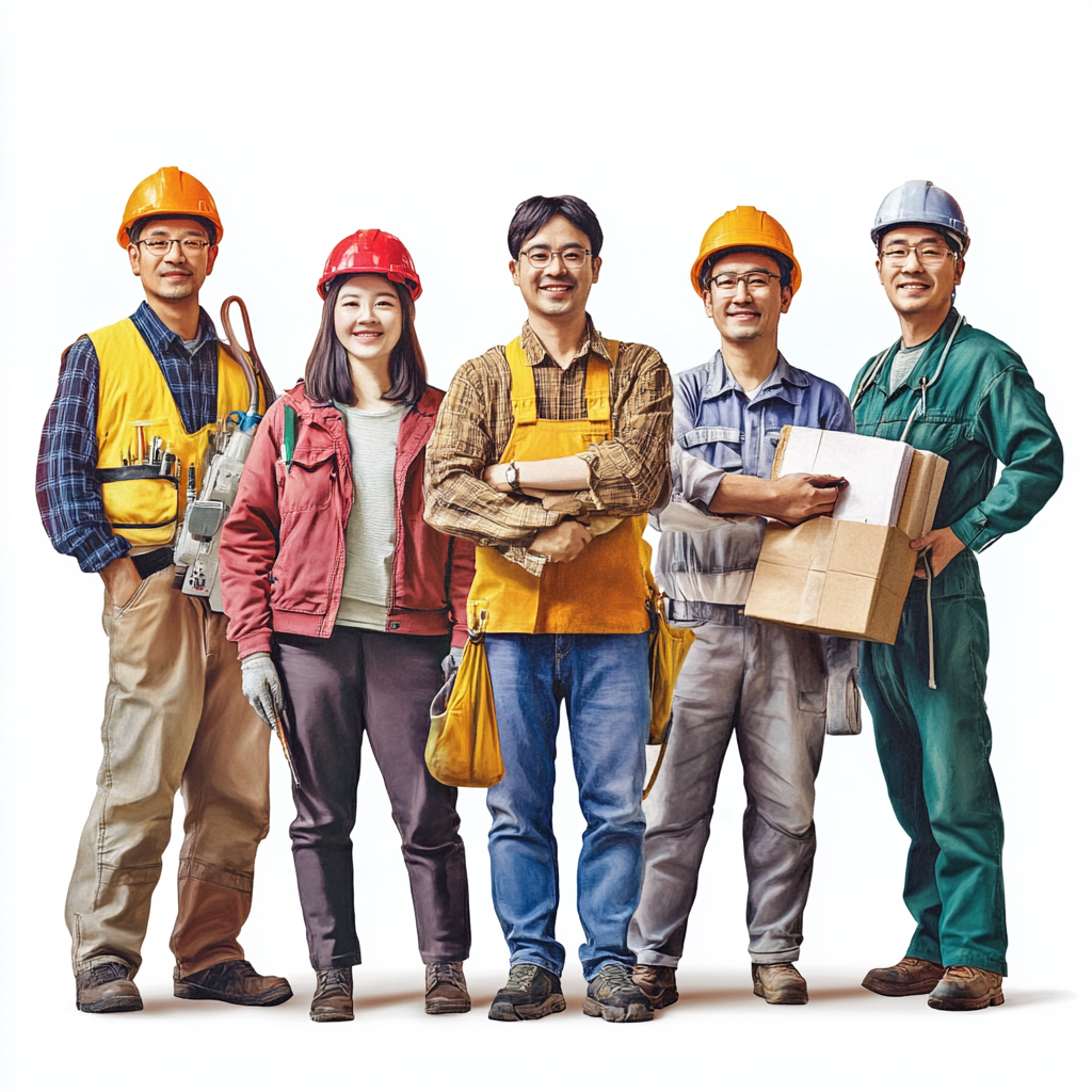 Happy Taiwanese professionals - plumbers, engineers, painters, bakers, architects.