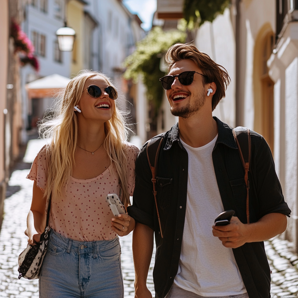 Happy Tourists Strolling European Cobblestone Street 