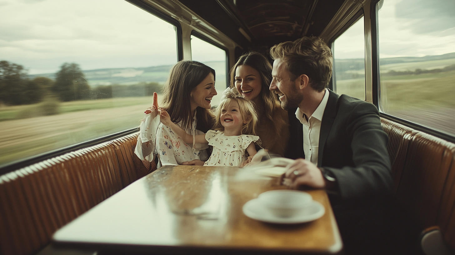 Happy UK family on train watching countryside