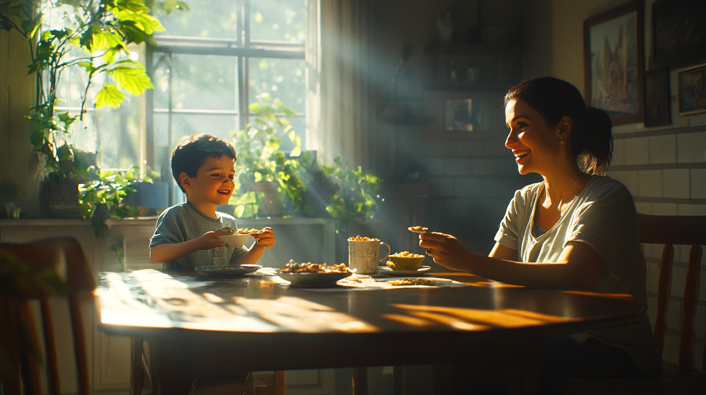 Happy Woman and Son Eating Cereal for Breakfast