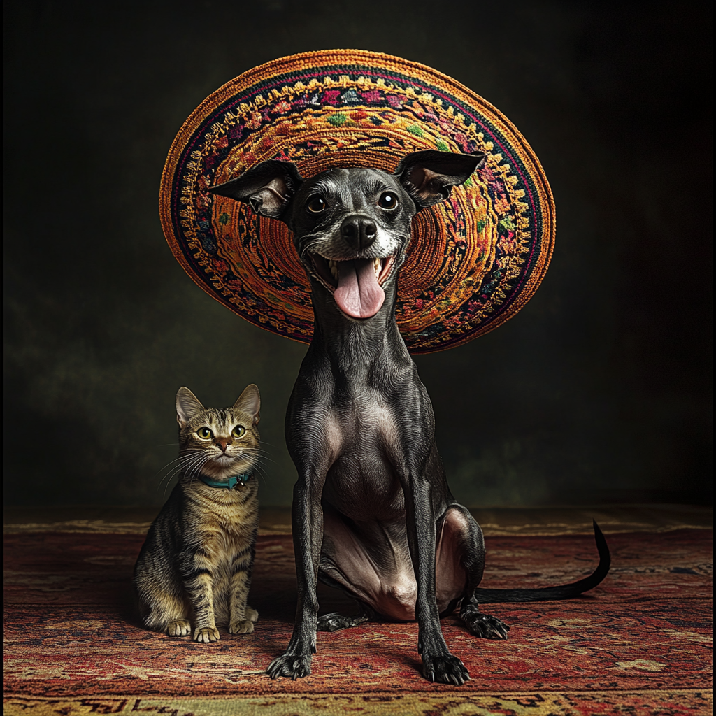 Happy Xoloitzcuintle and Cat with Mexican Hats, Magazine Photo