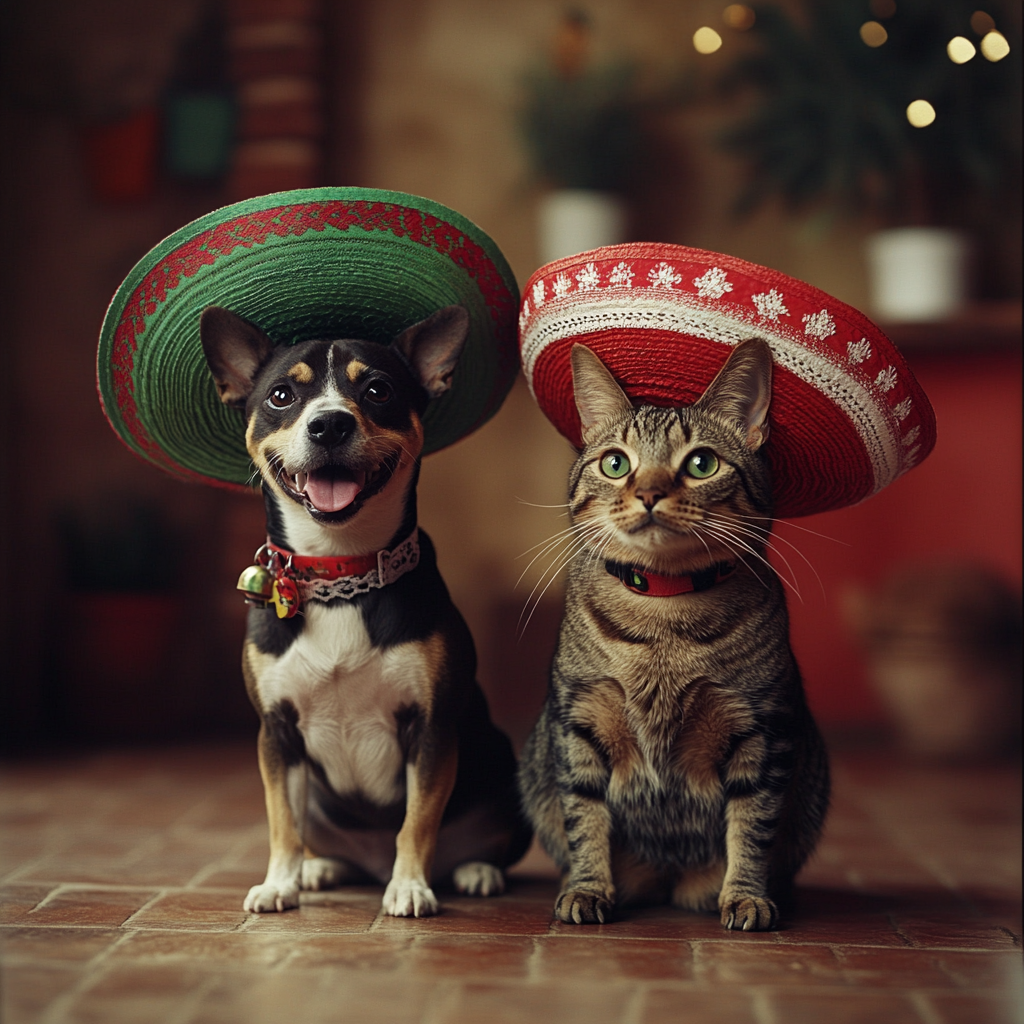 Happy Xoloitzcuintle and Tabby Cat Celebrate Mexican Independence